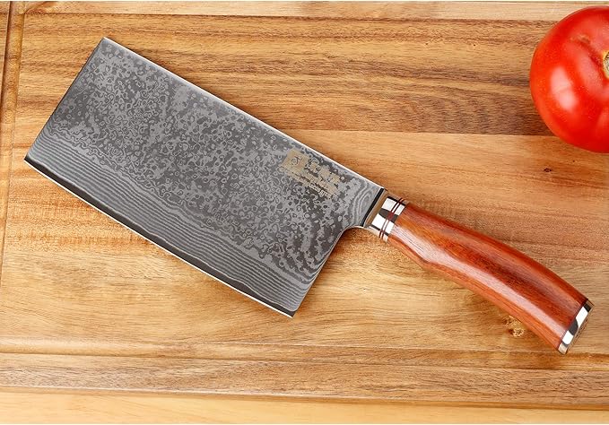 SUNLONG Meat Cleaver 7 inch Chinese Vegetable Cleaver -Japanese Hammered Damascus Steel-Bloodwood Handle
