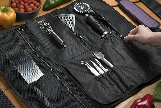 Asaya Chef Knife Roll Bag - 20 Total Pockets for Knives and Kitchen Utensils - Made with Stain Resistant Waxed Nylon - For Chefs and Culinary Students - Knives Not Included (Purple)