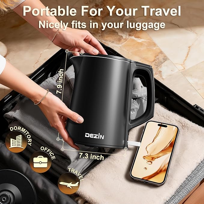 Dezin Electric Kettle, 0.8L Small Electric Kettle with Double Wall Construction, 304 Stainless Steel Electric Tea Kettle for Business Trip, Portable Travel Kettle with Auto Shut-Off (Without Cup)