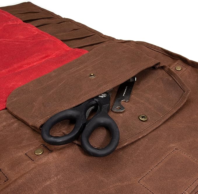 Dickies Chef Knife Roll Bag Portable Organizer and Cutlery Storage Roll, Waxed Canvas and Leather, Medium