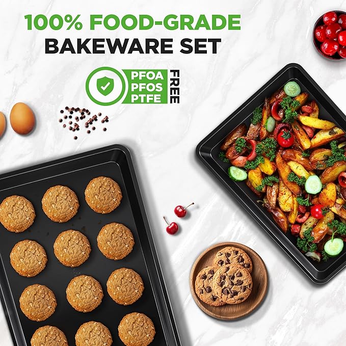 NutriChef 2-Piece Baking Sheet Non Stick - Premium Carbon Steel Cookie Sheets for Baking - Large and Medium Baking Trays for Oven - Black