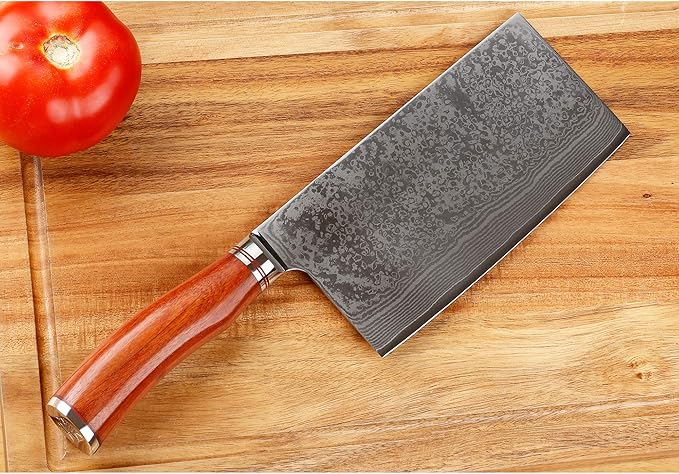 SUNLONG Meat Cleaver 7 inch Chinese Vegetable Cleaver -Japanese Hammered Damascus Steel-Bloodwood Handle