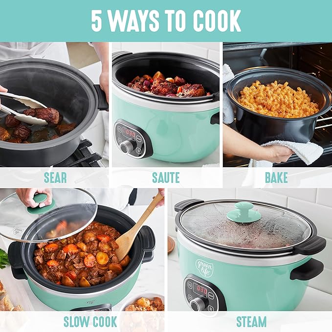 GreenLife 8QT Slow Cooker, Non-Toxic PFAS-Free Ceramic Nonstick Removable Interior Bowl, Programmable, Family Friendly, Keep Warm, Stovetop & Oven Safe, Dishwasher Safe Parts, Glass Lid, Turquoise