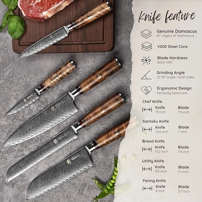 Wakoli Damascus Chef Knife Set with Magnetic Block – 5-Piece Professional Kitchen Knife Collection | Genuine 67-Layer Damascus Steel Blades with VG10 Core | Ergonomic Sycamore Wood Handles