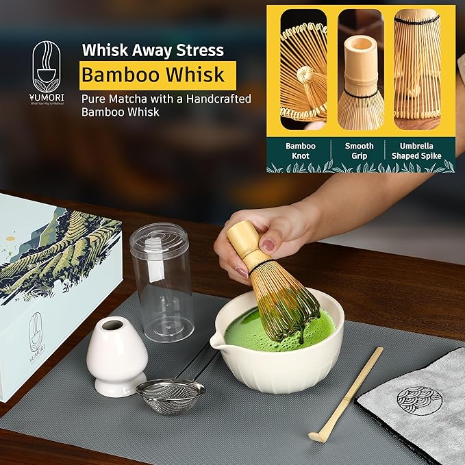 6 Pcs Matcha Whisk Set | Matcha kit with White Bowl, Bamboo Whisk, Scoop, Sifter, Holder for whisk & Cleaning Cloth, Traditional Matcha Set in Magnetic Gift Box
