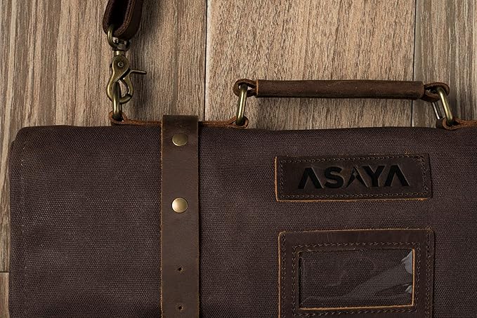 Asaya Waxed Canvas Knife Roll - 15 Knife Slots, Card Holder and Large Zippered Pocket - Genuine Leather, Cloth and Brass Buckles - for Chefs and Culinary Students - Knives Not Included