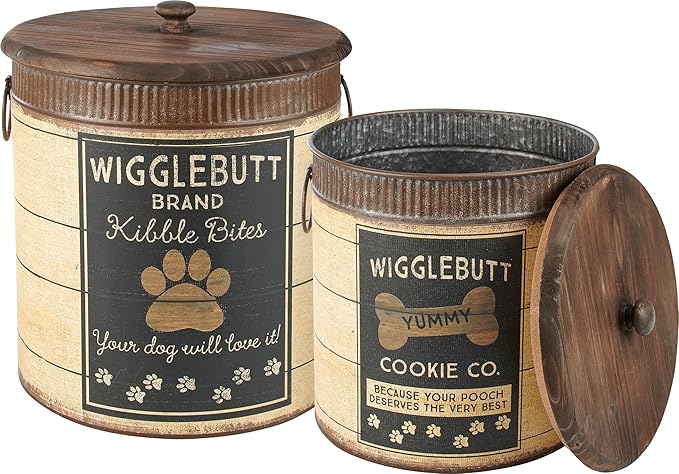 Primitives by Kathy Rustic Pet Tin Bins - Dog Food & Toy Storage Set, 'Toys & Beware of Wigglebutts' Themed Containers