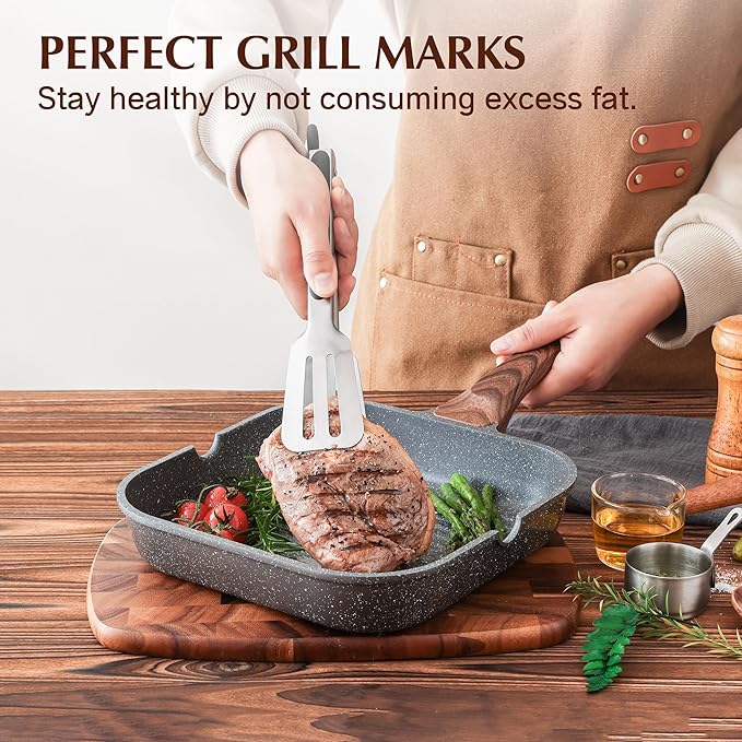 SENSARTE Nonstick Grill Pan for Stove Tops, Versatile Griddle with Pour Spouts, Square Big Cooking Surface, Durable Skillet Indoor & Outdoor Grilling. PFOA Free,12Inch