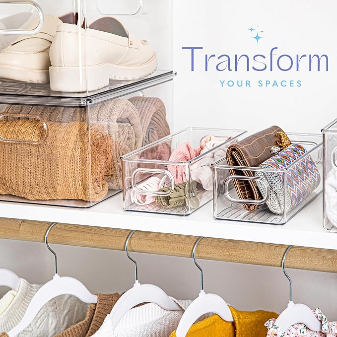 Plastic Food Storage Clear Container Bin with Handles for Organizing Kitchen, Pantry, Refrigerator, Freezer, Pantry, Cabinet, Closet, Bathroom. Stackable 10"X4"3"