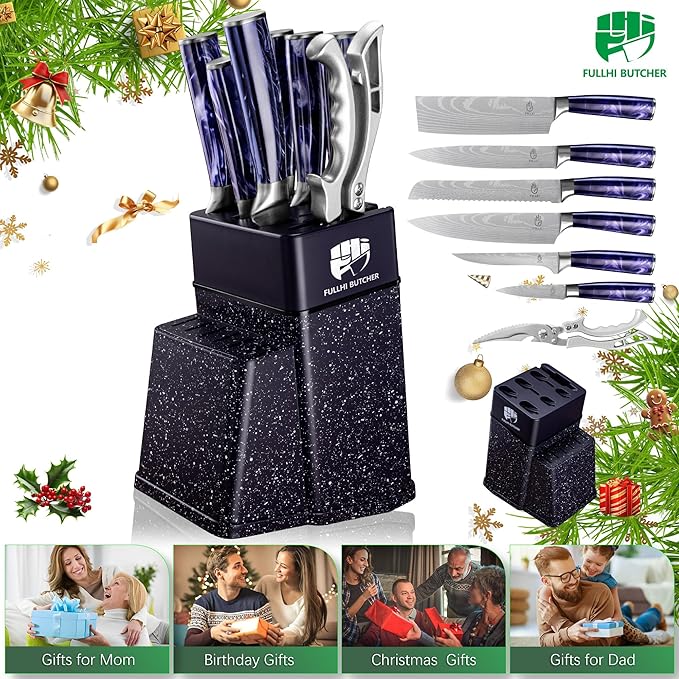FULLHI 8pcs block Knife Set,chef's Knves Set with Block and Sharpener, Kitchen Knife Set,Multi-colour Handle, Gifts for Men Women