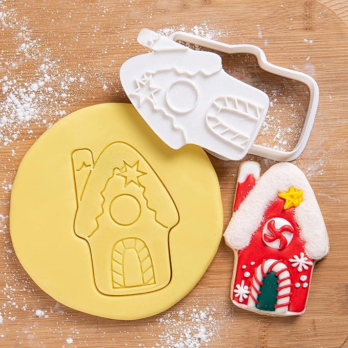 Flycalf Christmas Cookie Cutters with Plunger Stamps Gingerbread House Shapes Fall Holiday PLA Baking Accessories Cutter Molds Gifts for Kids Decorative Party 3.5" Kitchen Cake Supplies