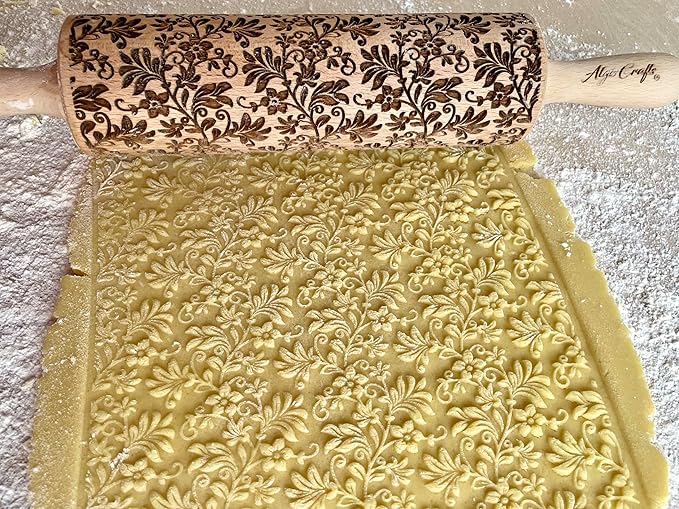 Embossing Rolling Pin FLORAL WREATH with Flowers Pattern. Dough and Clay Roller for Embossed Cookies and Pottery. Cookie and Ceramic Stamp. Backing Gifts for Women by Algis Crafts