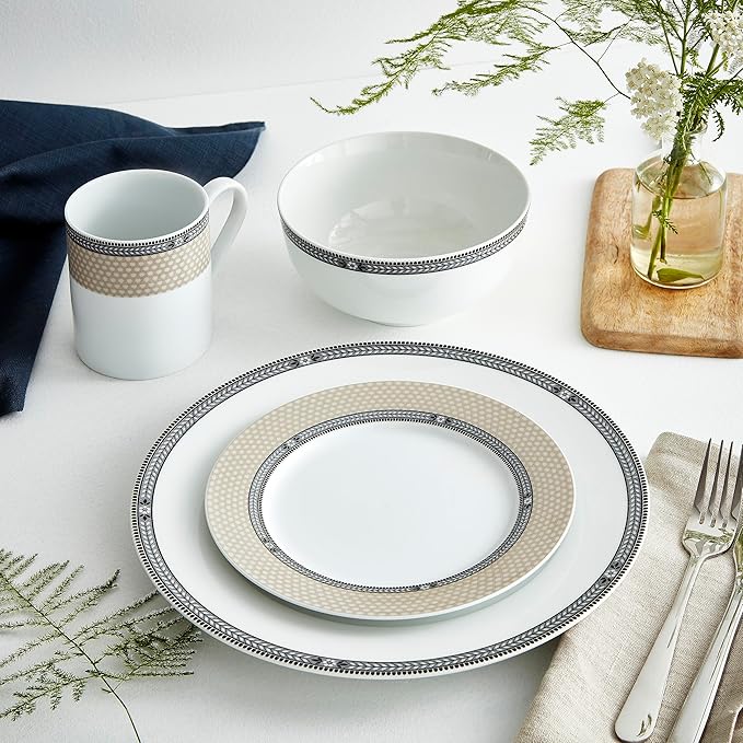 Portmeirion Home Vintage Chic 16 Piece Set - Porcelain Dinnerware with Art Deco Borders - 10.5" Dinner Plates, 7.5" Salad Plates, 5.5" Bowls, 11.5 Oz Mugs - Microwave & Dishwasher Safe Place Settings