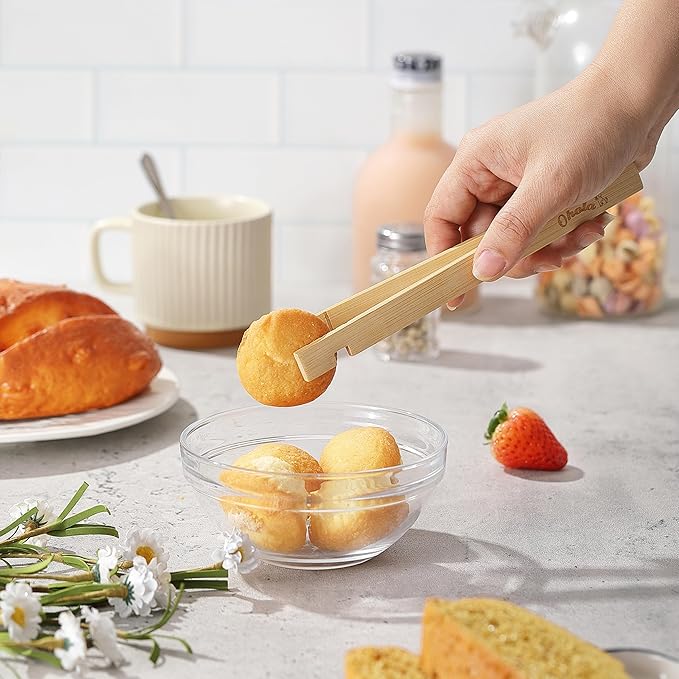2PCS Reusable Toaster Tongs, OHOLA 8 inch Bamboo Cooking Tong, Multipurpose Wooden Tongs for Toaster, Fruits, Bread, Pickles, Cheese, Bacon, and Muffins (Stylish Pattern)