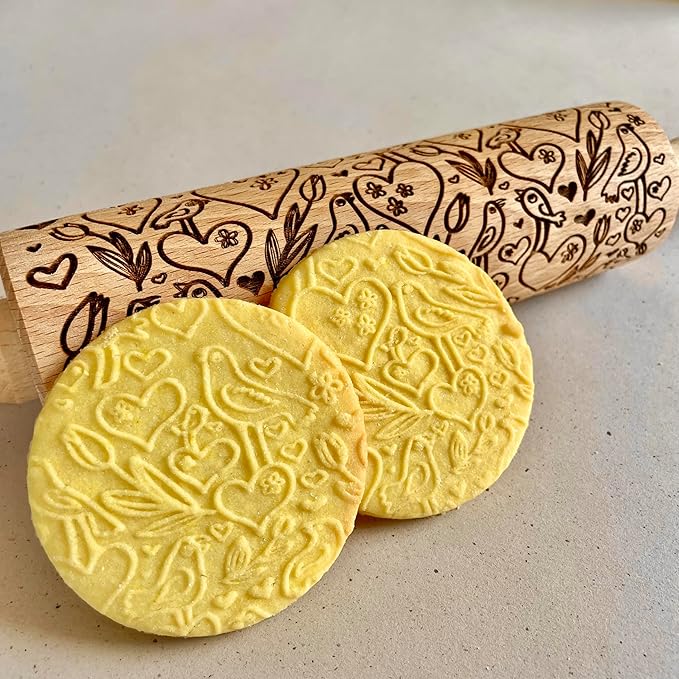 LOVE BIRDS Embossing Rolling Pin – Laser Engraved Dough Roller with hearts and birds pattern. Great for cookies, clay crafts, and a charming gift. By Algis Crafts