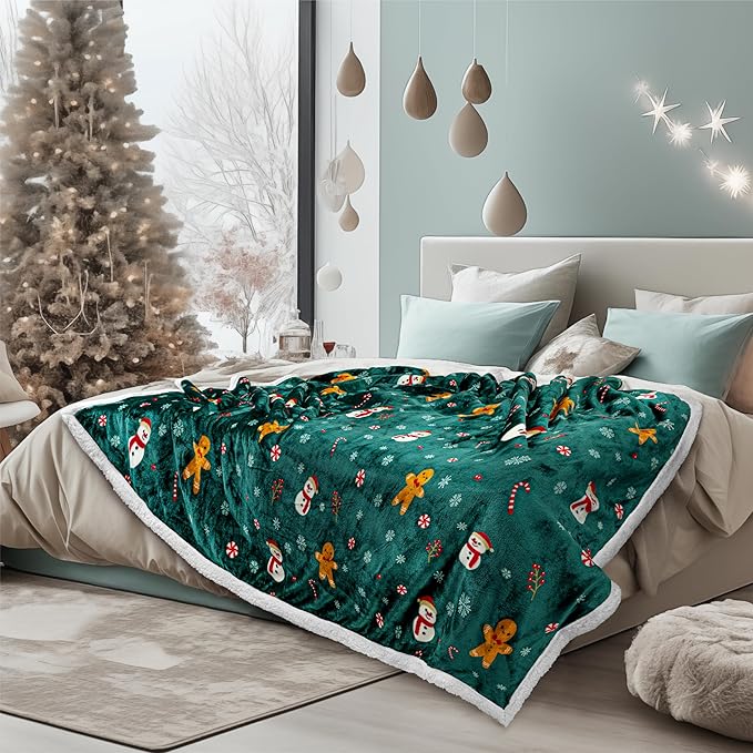 PAVILIA Premium Christmas Sherpa Throw Blanket | Christmas Decoration Gift, Fleece, Plush, Warm, Cozy Reversible Microfiber Holiday Blanket | Green Gingerbread - 60x80 Twin