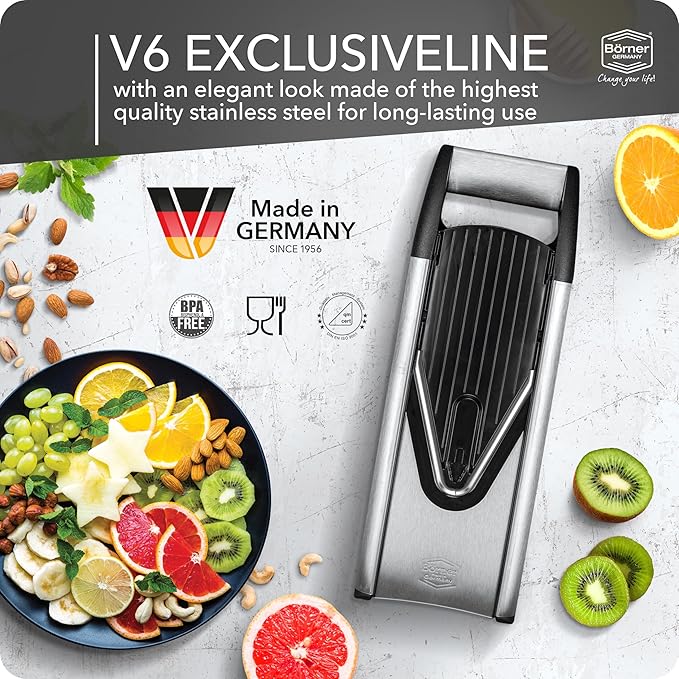 Börner Mandline Slicer V6 (Profi Set) • Stainless Steel Slicer with V-Blade • Adjustable Vegetable Slicer for Vegetables & Fruits • Slices, Strips & Dices in Various Thicknesses • Grater