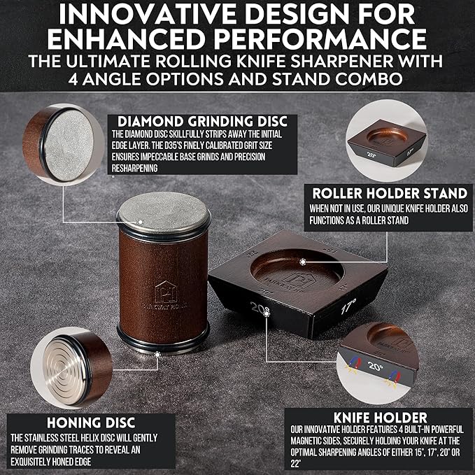 Rolling Knife Sharpener with 15, 17, 20 & 22 Degree Angles - Knife Sharpener Kit - Roller Knife Sharpening System with Stand, Holder & Eraser - Walnut Brown
