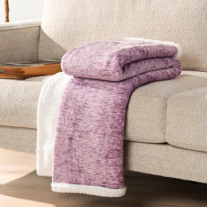 Premium Sherpa Melange Throw Blanket for Couch, Sofa by Pavilia | Soft, Fluffy, Plush, Warm, Cozy | Fuzzy Lightweight Microfiber, Purple Wine Luxury Modern Reversible TV Blanket | 50 x 60 Inches