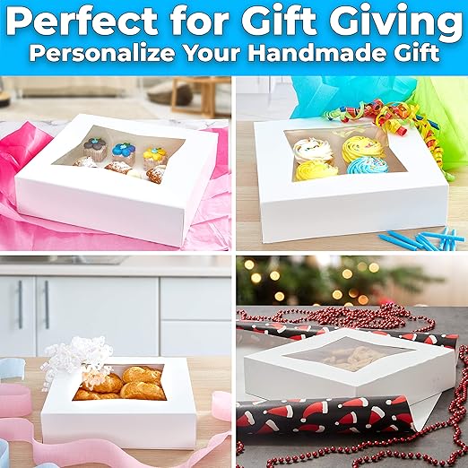 Gourmet 10in White Bakery Boxes 25 Pk. Cute Window Displays for Pies, Cakes, Cupcakes, Pastries. Transport Baked Goods w/Sturdy, Easy-to Use Carriers. Give Sweet Holiday Gifts at Work, School