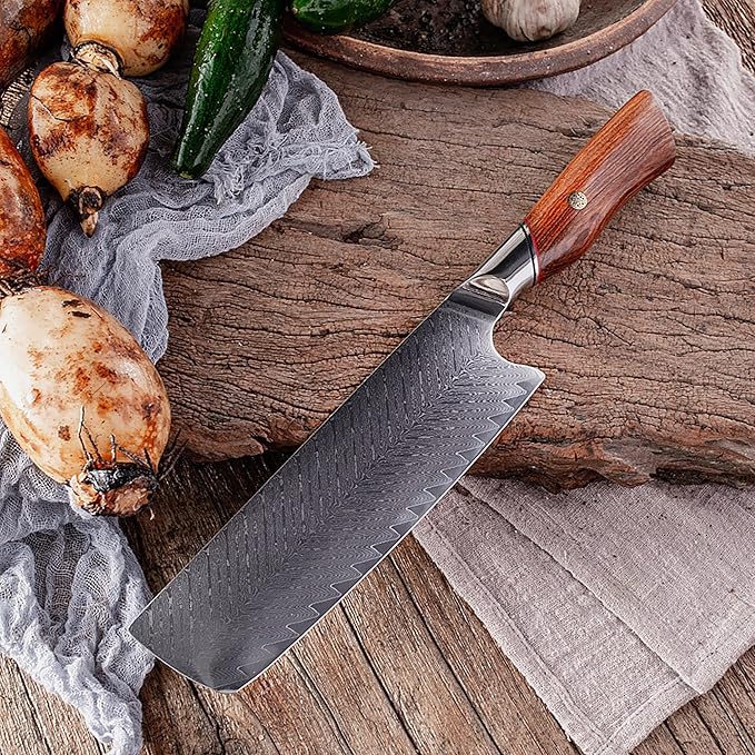 Damascus Nakiri Knife 7 Inch，Damascus Chef Knife，67-Layer VG10 Core Japanese Steel，Multipurpose Kitchen Knife，DamascusSantoku Knife，Professional Kitchen Knif，Ergonomic Handle (Vegetable Cutter)