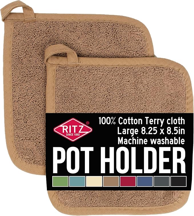 RITZ Terry Potholder & Hot Pad: Unparalleled Heat Resistant, Durable 100% Cotton – Ergonomically Designed for Optimal Grip – Easy-Care Machine Washable – 2-Pack, Mocha