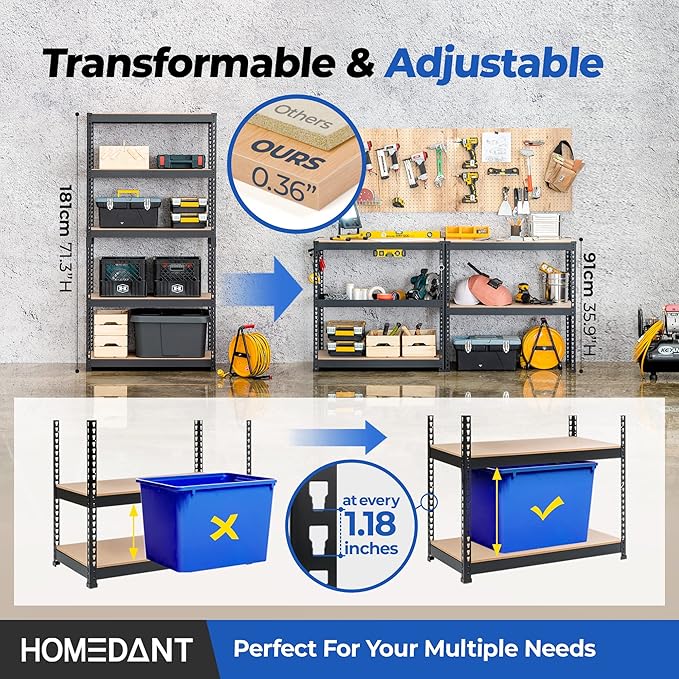 HOMEDANT 5 Tier Laminated Boltless Metal Shelving Unit Adjustable Garage Storage Utility Rack Heavy Duty Shelves Organization Multipurpose Shelf Warehouse Pantry Shed 35.9" W x 18.2" D x 71.3" H 2Pack