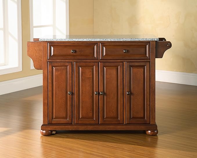 Crosley Furniture Alexandria Granite Top Rolling Kitchen Island Storage Cart, Microwave Stand, Spice Rack, Cherry