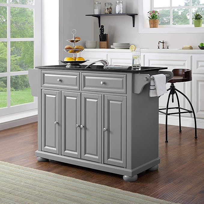 Crosley Furniture Alexandria Granite Top Rolling Kitchen Island Storage Cart, Microwave Stand, Spice Rack, Gray