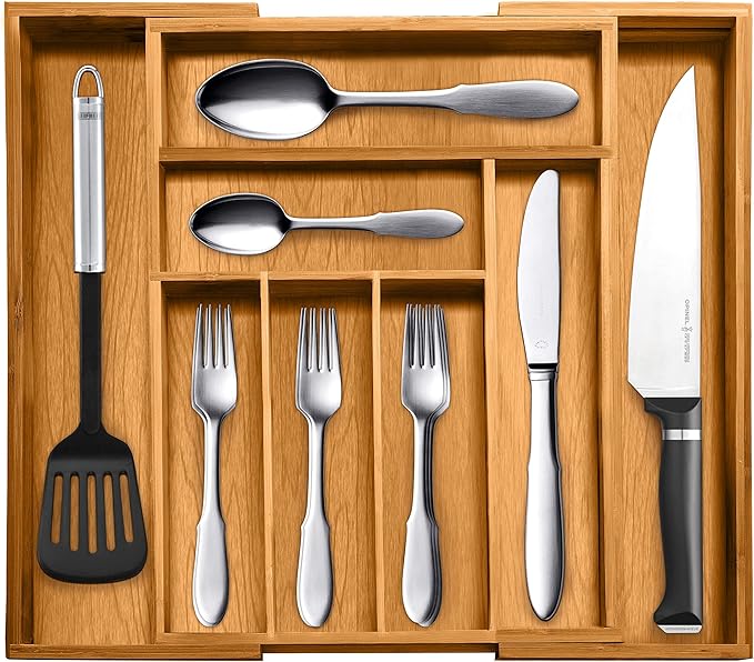 Bellemain Expandable Bamboo Drawer Organizer - Large Kitchen Utensil Holder for Cutlery, Silverware, Flatware Storage - Utensil Organizer for Kitchen Drawers, Desk, Junk Drawer Organizer Tray, 8-Slot