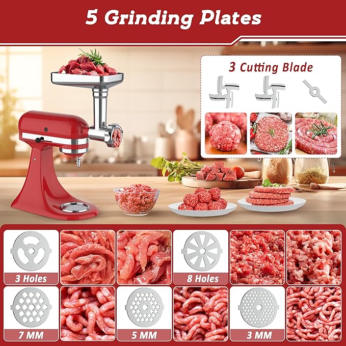 Meat Grinder Pasta Maker Attachment for Kitchenaid Stand Mixers,Set for Kitchenaid Mixer Attachments Includes Metal Food Grinder with Sausage Stuffer Tubes,3 in 1 Pasta Attachment with Dough Cutter