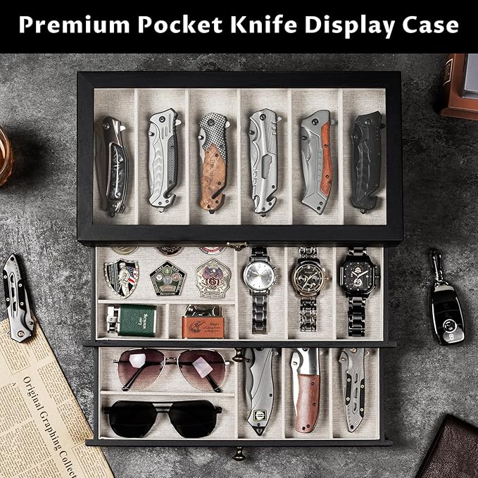 Knife Display Case, 3-Layer Pocket Knife Case Display & Storage Knives, Solid Wood Knife Case for Collections, Gift for Boyfriend Fathers Day Birthday Gifts(Black)