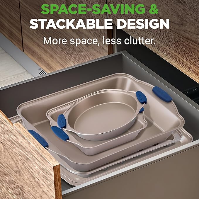 NutriChef 10-Piece Nonstick Bakeware Set - Premium Carbon Steel Baking Pan Set w/Heatsafe Silicone Handles, Includes Pizza Crisper, Loaf Pan, 12 & 24 Cup Muffin Pans, Cake Pans, Cookie Sheets