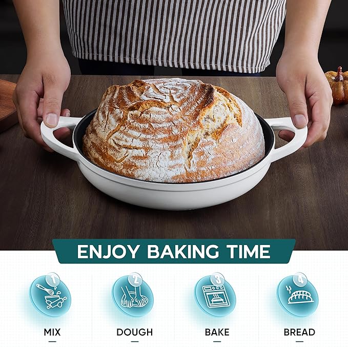 E-far Dutch Oven for Sourdough Bread Baking, 6 Qt Round Enameled Cast Iron Dutch Oven for Homemade Artisan Bread, Dome Lid & Shallow Base, Matte Black Interior & Durable, Oven-Safe to 500℉, White