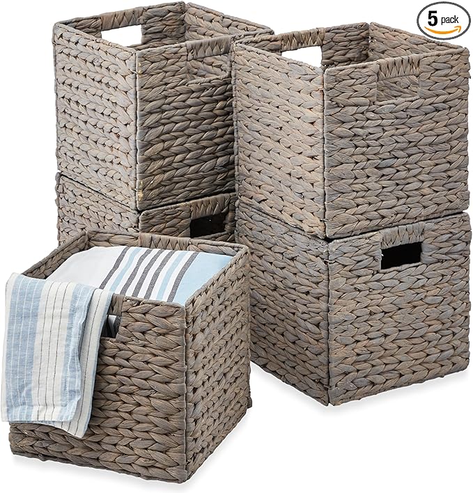 Best Choice Products 10.5x10.5in Pack of 5 Cube Storage Baskets, Water Hyacinth Multipurpose Collapsible Organizers, Handwoven Laundry Totes for Laundry, Living Room, Kids Room & Nursery - Gray