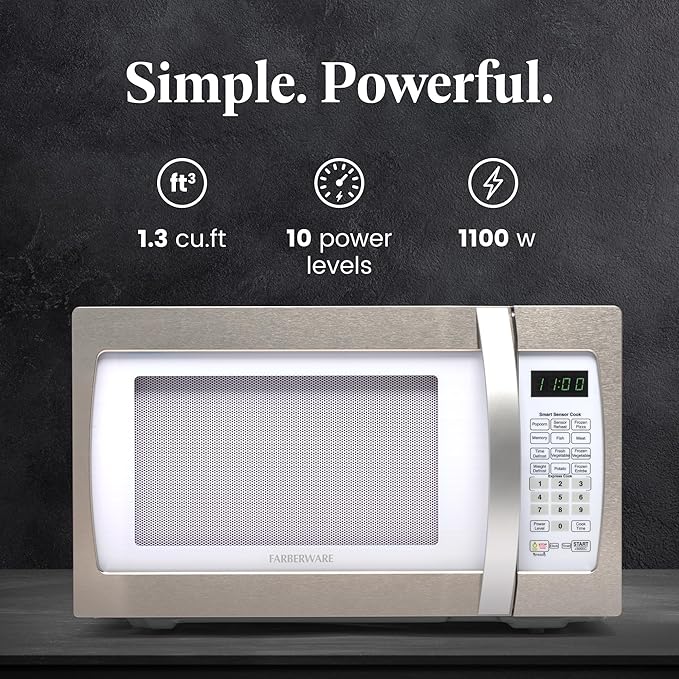 Farberware 1.3 Cu. Ft. Countertop Microwave Oven – 1100 Watts Power, Smart Sensor Auto Cook Settings, Defrost, Easy Clean and Child Safety Lock - White Platinum