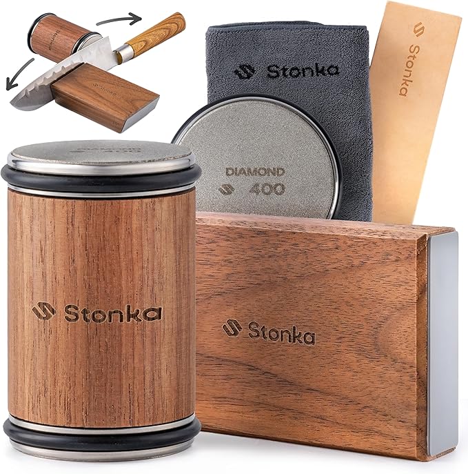 Stonka Walnut Rolling Knife Sharpener Kit – Dual-Grit Diamond Wheels Kit (400/1000), Easy to Use Knife Sharpener Roller with Magnetic Holder with 15° & 20°, Leather Strap