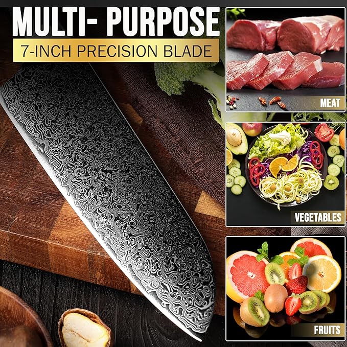 SliceElite Elite Series 7 Inch Santoku Knife VG10 Damascus Steel Forged Carbon Fiber Handle Dual Protection Cutting Kitchen Tool Sharp Vegetable Meat Chopping BBQ Chef Slicing Cleaver Camping Butcher