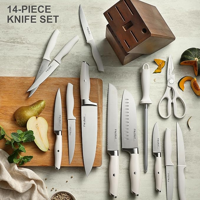 Knives Set for Kitchen, FIKSHOT 14PCS Kitchen Knife Set with Block, High Carbon Stainless Steel Full Tang Knife Sets Razor-Sharp Blade Professional Chef's Knife for Housewarming (WHITE)