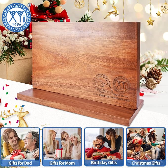 XYJ Magnetic Knife Block Holder Rack Acacia Wood Magnetic Stands with Strong Enhanced Magnets Multifunctional Knife Holder Kitchen Storage Organizer Tool Accessories