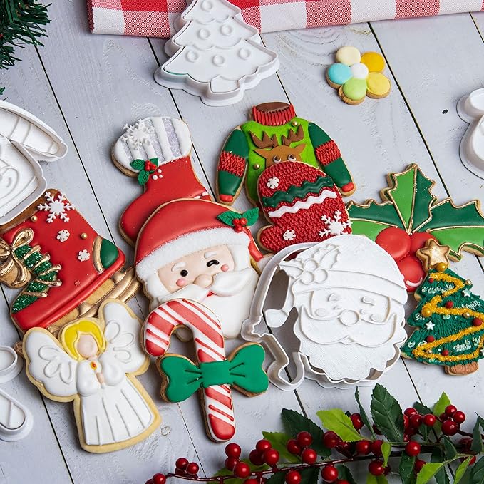 Flycalf Christmas Cookie Cutters Holly Berries Shapes with Plunger Stamps Holiday PLA Baking Accessories Cutter Molds Gifts Decorative Party 3.5" Kitchen Cake Supplies