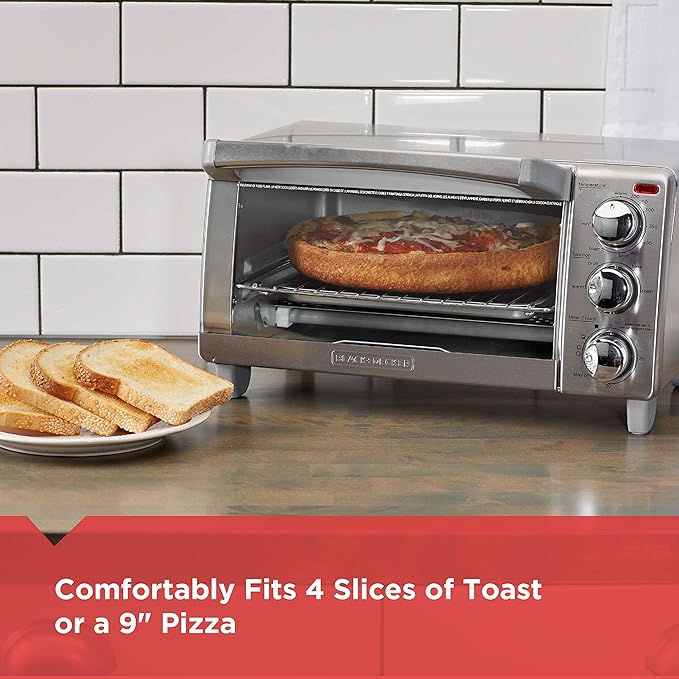 BLACK+DECKER 4-Slice Toaster Oven, TO1745SSG-1A, Even Toast, 4 Cooking Functions Bake, Broil, Toast and Keep Warm, Removable Crumb Tray, Timer