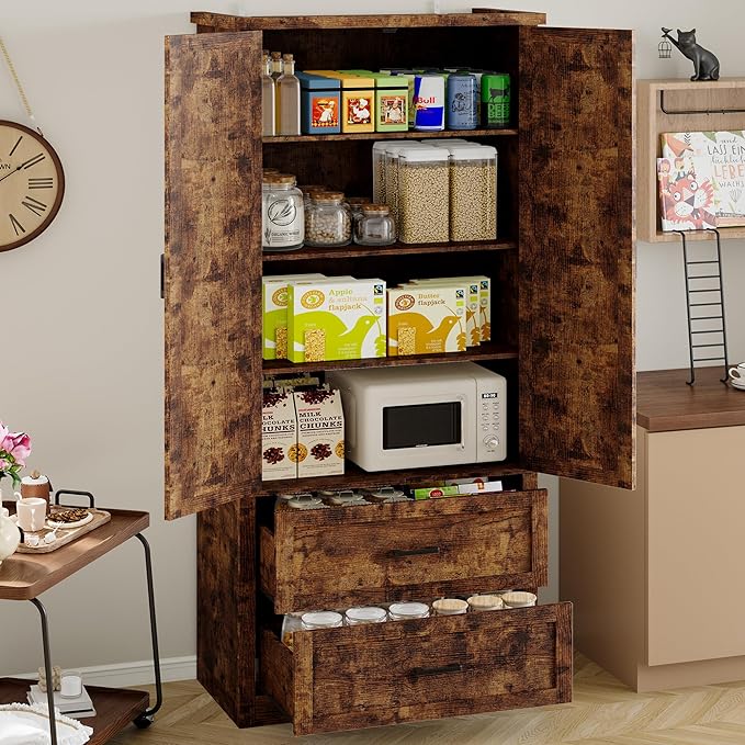 Pantry Organizers and Storage Cabinet, 71” Barn Door White Kitchen Cabinet with Drawers and Adjustable Shelf, Tall Pantry for Kitchen, Dining Room, Living Room. Bathroom and Office