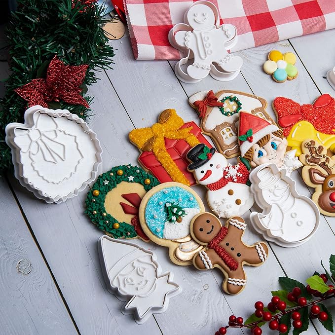 Flycalf Christmas Cookie Cutters Set of 6 with Stamper Stencil 3D Cake Decorating Pastry Kitchen Mold Supplies Holiday Birthday Party Biscuit Fondant Tools