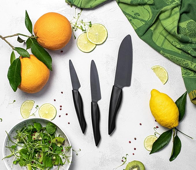 Kyocera Innovation Series Ceramic 5.5" Santoku Knife, with Soft Touch Ergonomic Handle-Black Blade, Black Handle