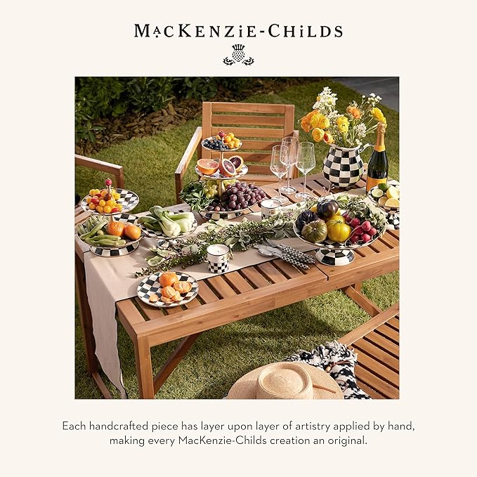 MACKENZIE-CHILDS Enamel Pedestal Serving Platter, Decorative Serving Dish for Food, Small, Black-and-White Courtly Check
