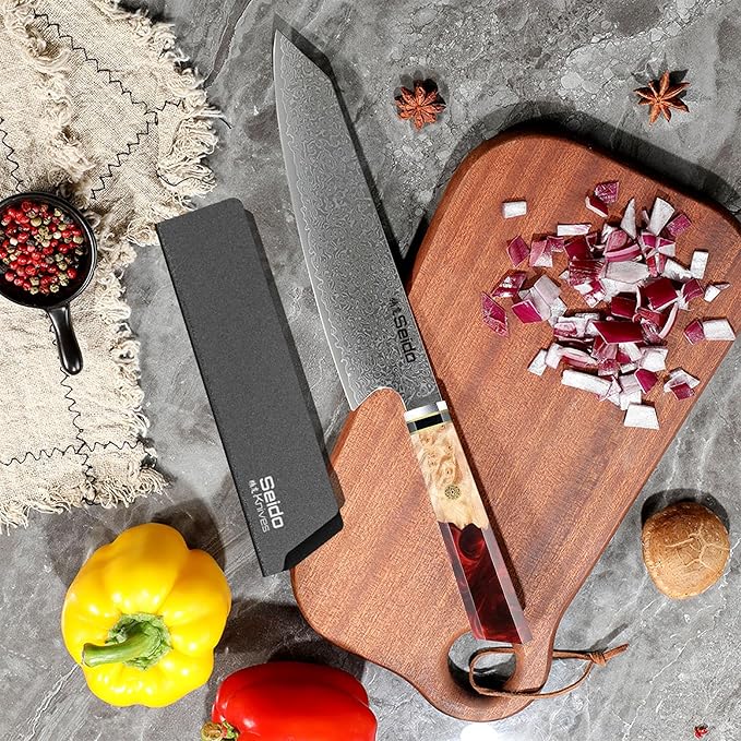 Seido Knives Kiritsuke Damascus Steel Chef Knife Epoxy Resin Stabilized Wood Handle Professional Kitchen Knife VG10 High Carbon Stainless Steel, Ruby Red
