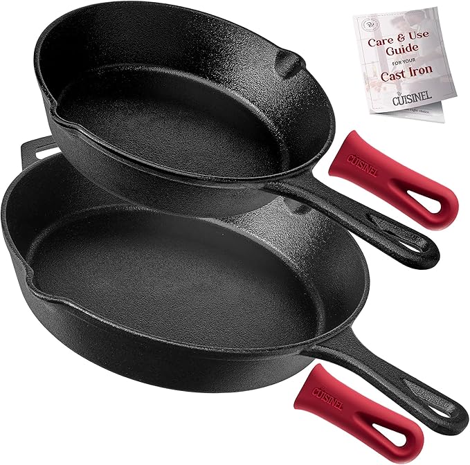 Cast Iron Skillet Set - 8" + 12"-Inch Frying Pan - Pre-Seasoned Oven Safe Cookware + 2 Heat-Resistant Handle Holder Grips - Indoor/Outdoor Use - Grill, Stovetop, BBQ, Camping Fire Pit, Induction Safe