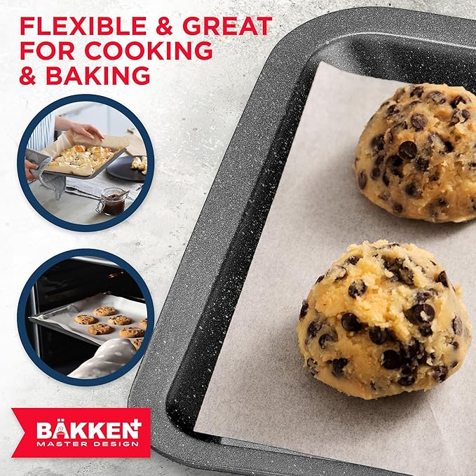 BAKKEN 3-Piece Kitchen Baking Pans - Small, Medium, and Large Cookie Pan, With Nonstick Coating, Stackable and Space-saving Design, PFOA, PFOS, PTFE Free, Oven Safe Tray (Up To 450°F), Gray Marble