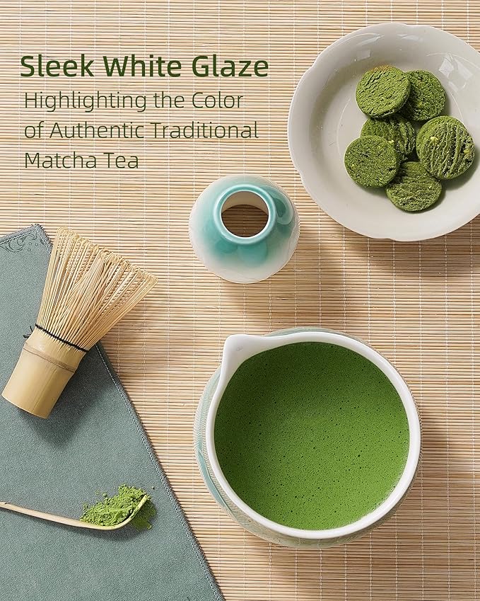 ZENS Matcha Whisk Set, 5pcs Matcha Kit Set Includes Ceramic Bowl, Bamboo Whisk and Chasen Holder, Scoop & Tea Mat for Matcha Ceremony, Blue